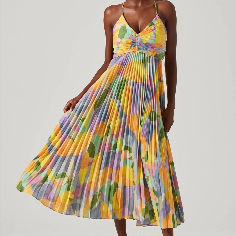 Astr Yellow and Blue Pleated Halter Midi Dress